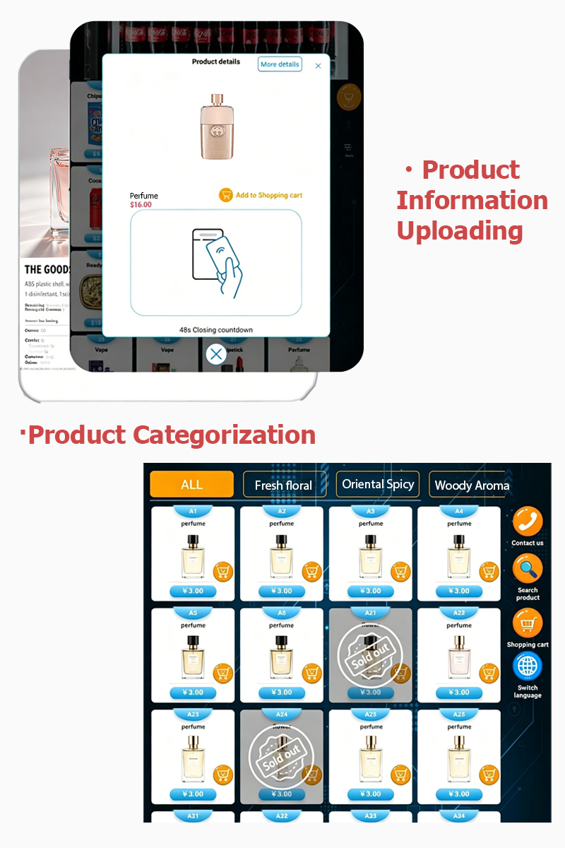 Weimi smart luxury perfume vending machine with 22-inch touchscreen to fully manage perfume product information and display it clear to customers