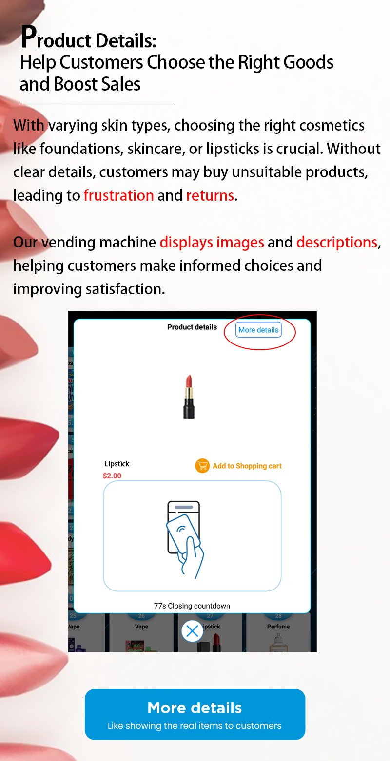 Weimi makeup vending machine with the function of product details to help customers choose the right goods and boost sales