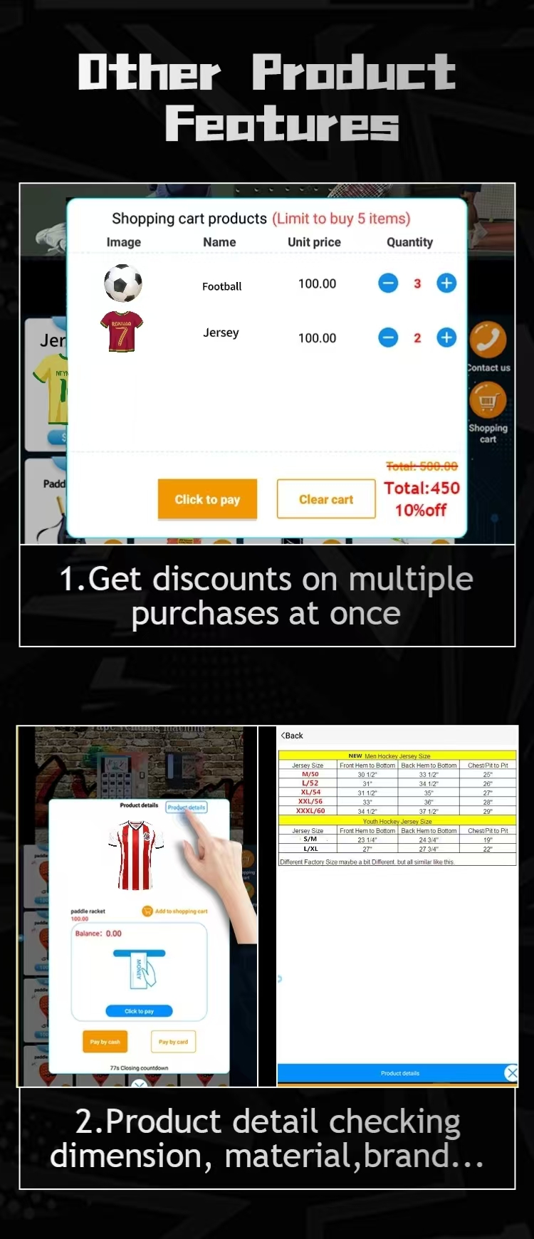 our smart vending machine support shopping cart, product detail checking...