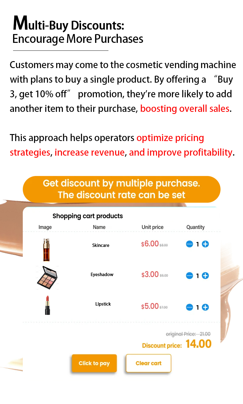 Weimi skincare vending machine with xy axis elevator. our smart vending machines support remotely setting discounts on the smart phone. retailers can set the discounts levels to encourage more purchases