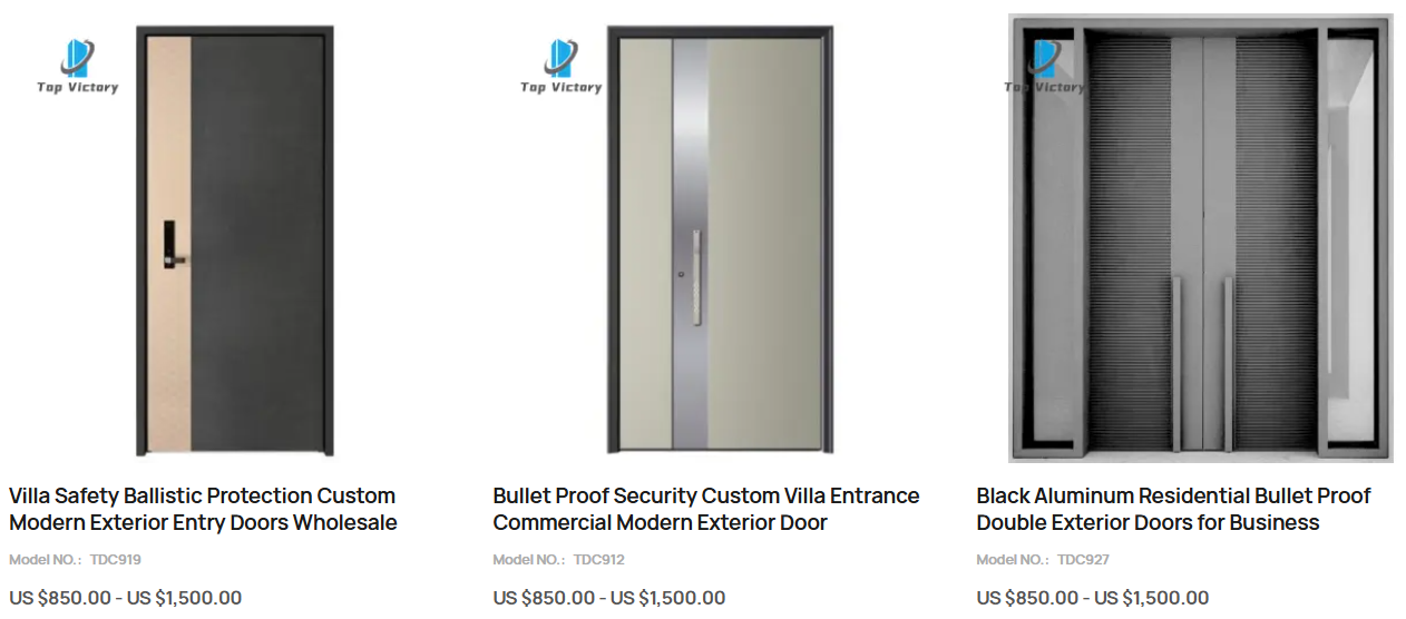 Black Aluminum Residential Bullet Proof Double Exterior Doors for Business