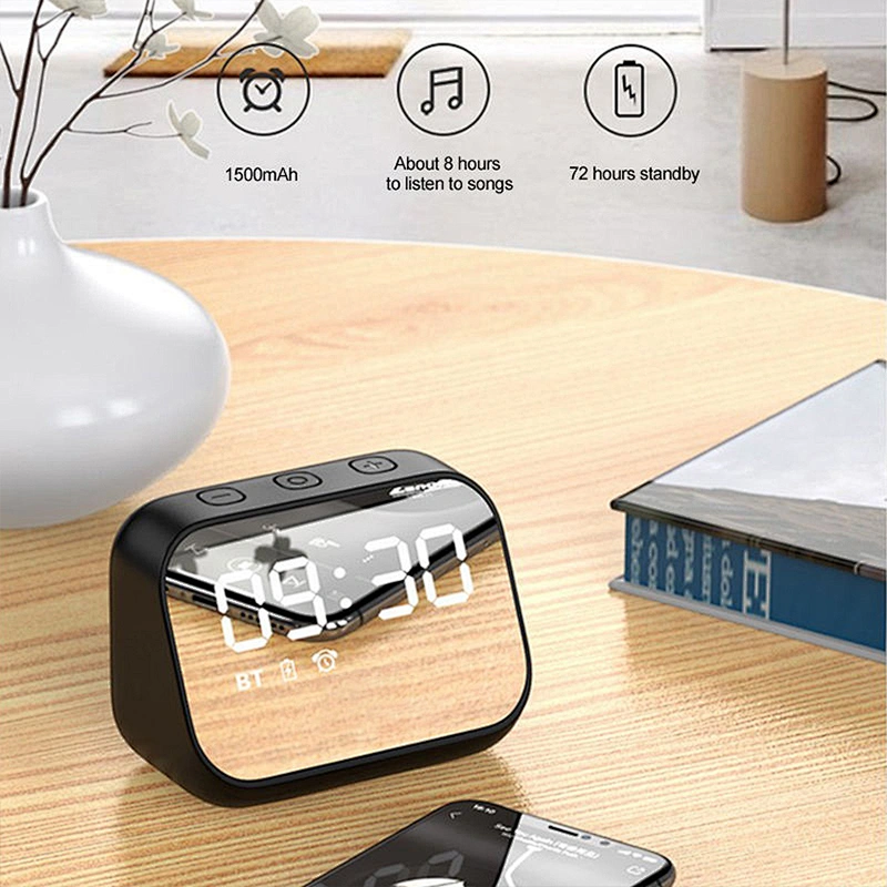 Mini Speaker Portable Subwoofer Stereo Player LED Digital Smart Alarm Clock Mirror Design Speaker