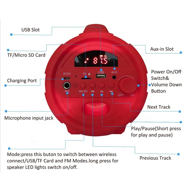Outdoor Portable Wireless Speaker with USB/TF /FM/AUX IN/Karaoke/Color Changing Lights