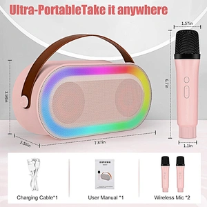 New Handheld BT Audio Portable Rechargeable Small Home KTV Children Colorful LED Light Wireless Karaoke Speaker with Dual Mic