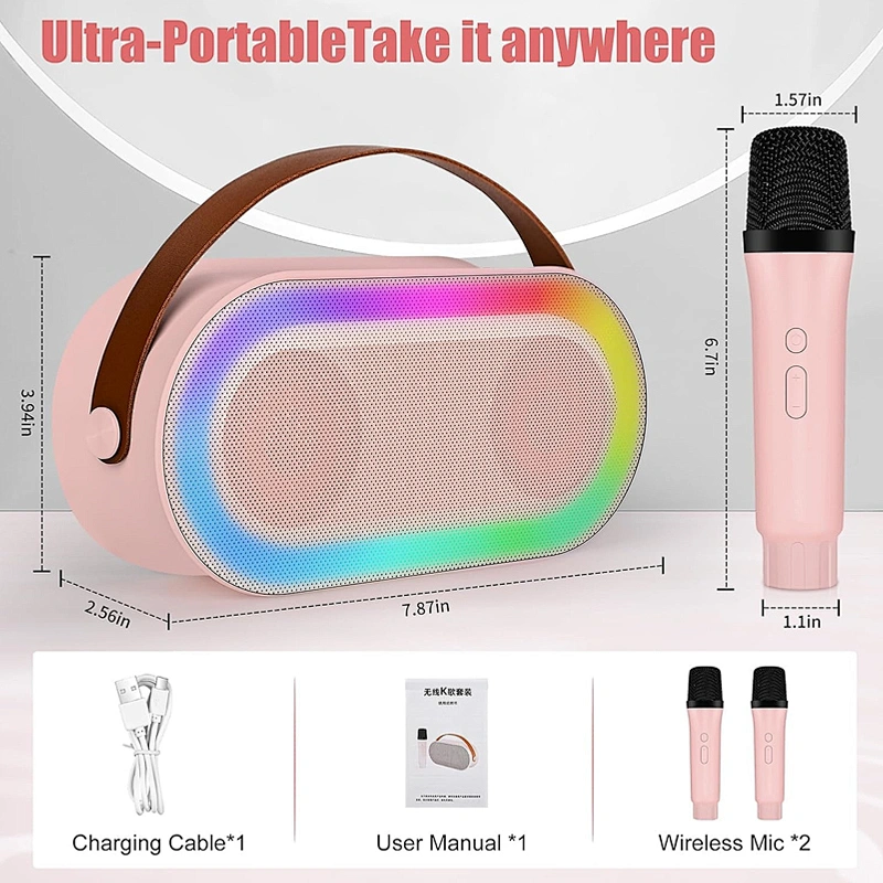 New Handheld BT Audio Portable Rechargeable Small Home KTV Children Colorful LED Light Wireless Karaoke Speaker with Dual Mic