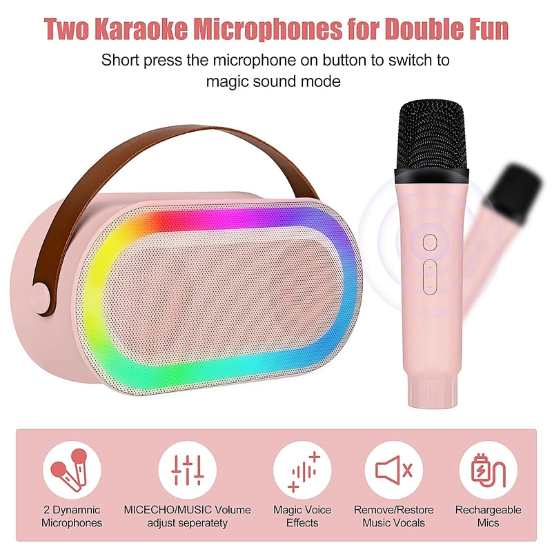 New Handheld BT Audio Portable Rechargeable Small Home KTV Children Colorful LED Light Wireless Karaoke Speaker with Dual Mic