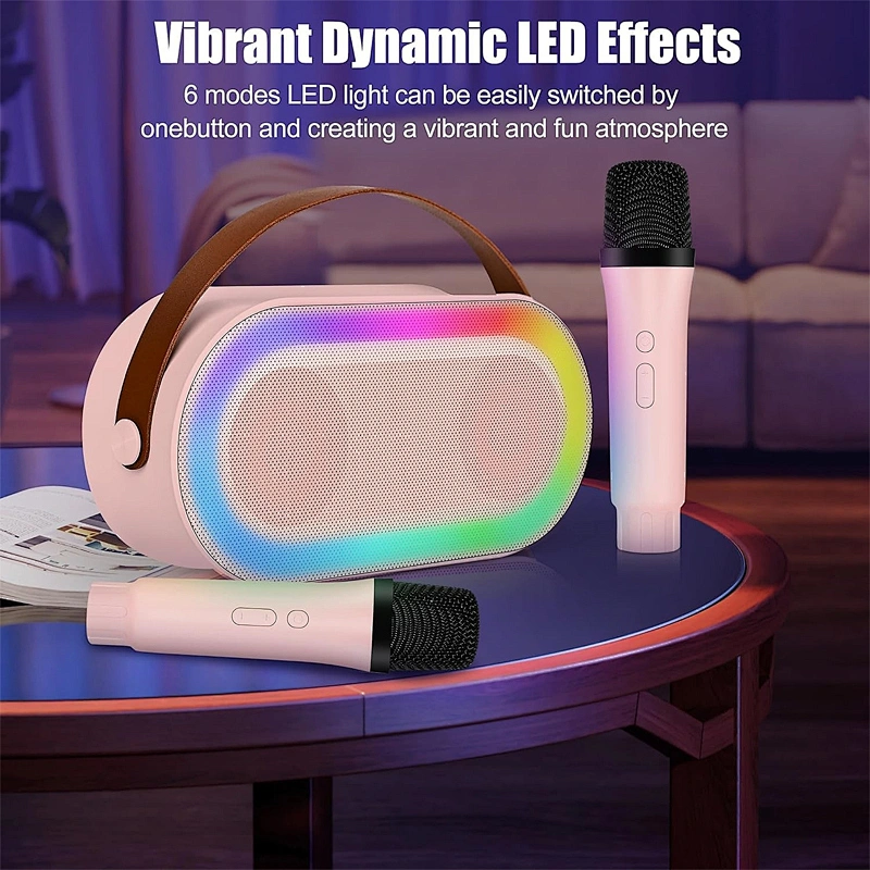 New Handheld BT Audio Portable Rechargeable Small Home KTV Children Colorful LED Light Wireless Karaoke Speaker with Dual Mic
