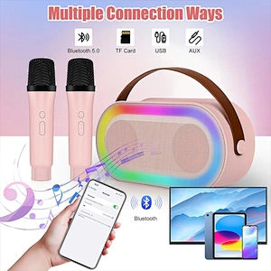 New Handheld BT Audio Portable Rechargeable Small Home KTV Children Colorful LED Light Wireless Karaoke Speaker with Dual Mic
