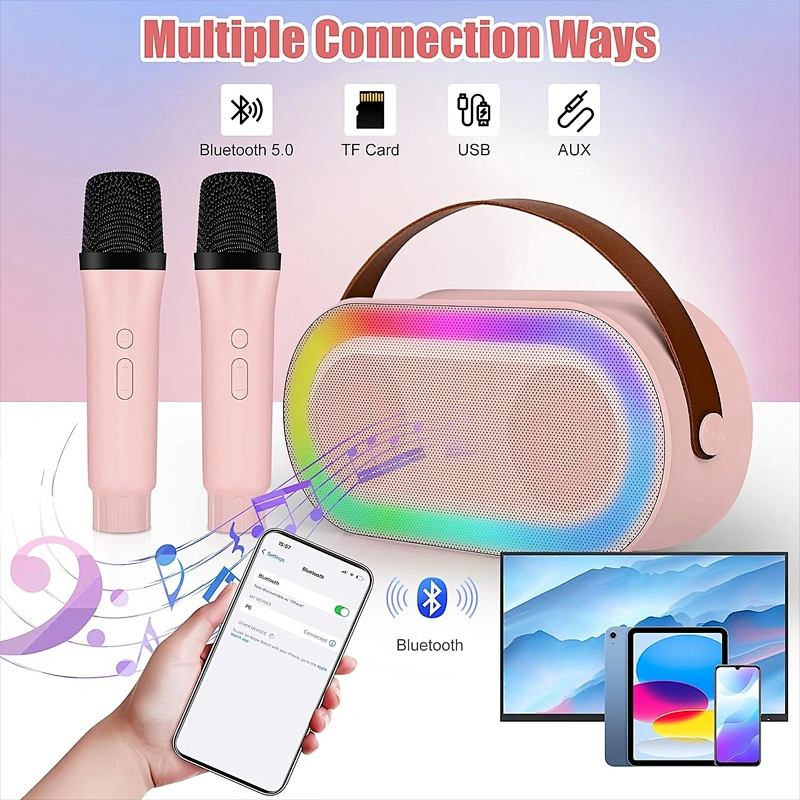 New Handheld BT Audio Portable Rechargeable Small Home KTV Children Colorful LED Light Wireless Karaoke Speaker with Dual Mic