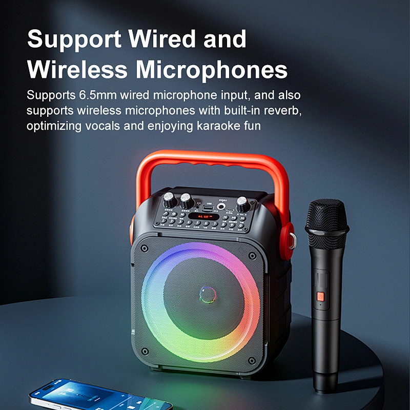 Custom Logo Portable Speaker Large Capacity Battery RGB Lights Wireless Karaoke Subwoofer Speaker With Wireless Microphone