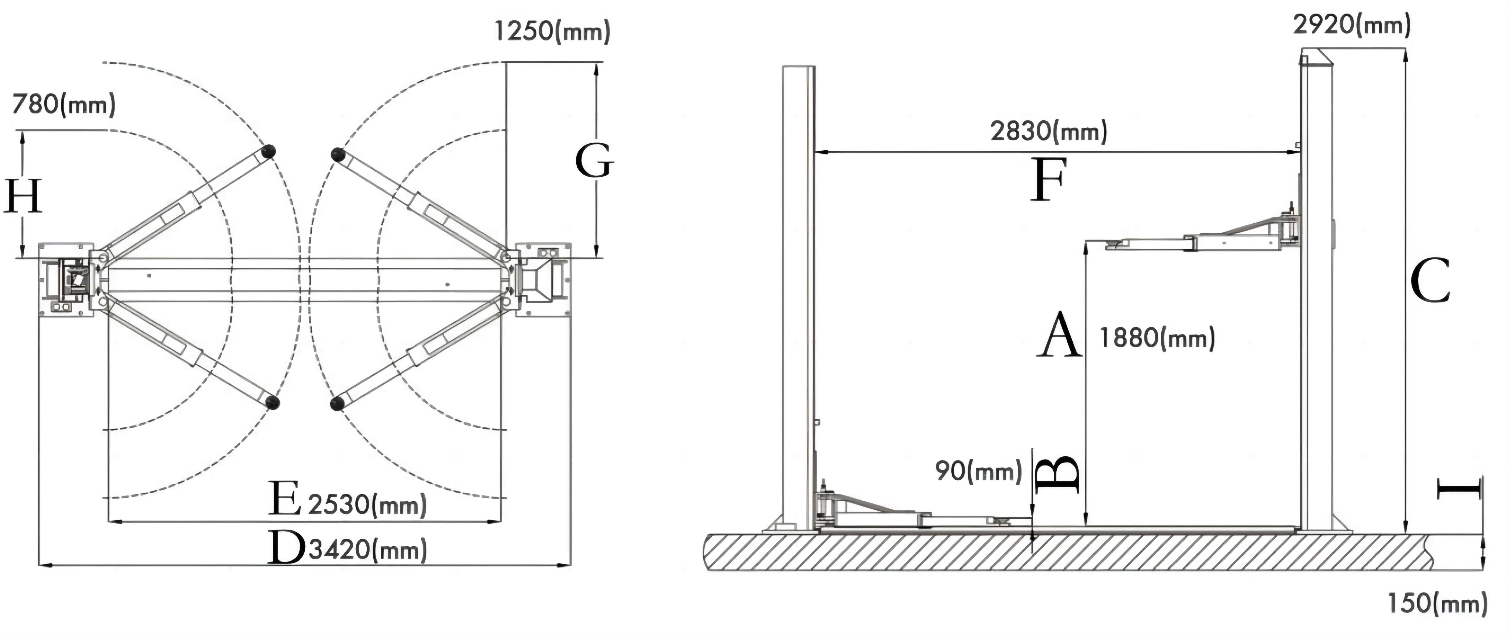 10000 lbs category Car Lift Overall Dimension
