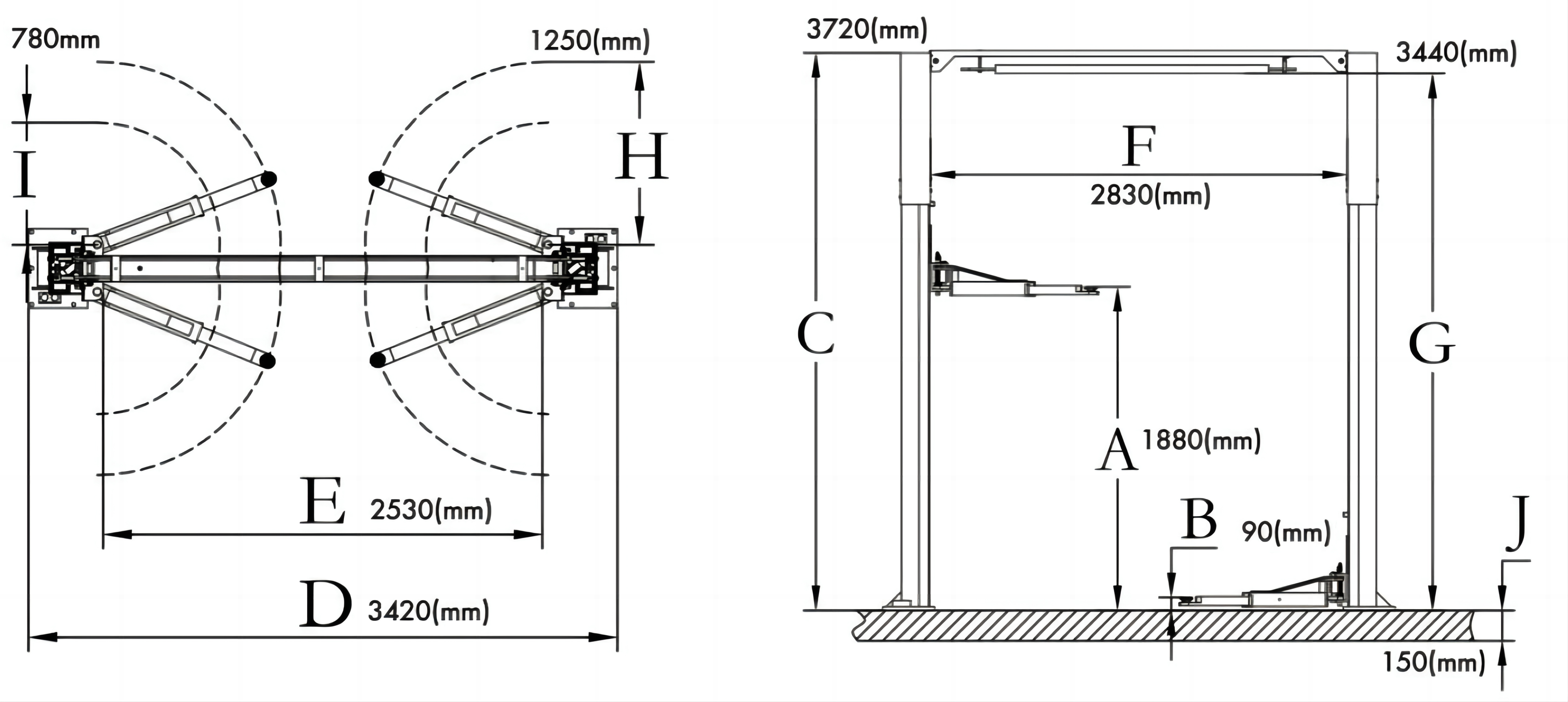 10000 lbs category Car Lift Overall Dimension