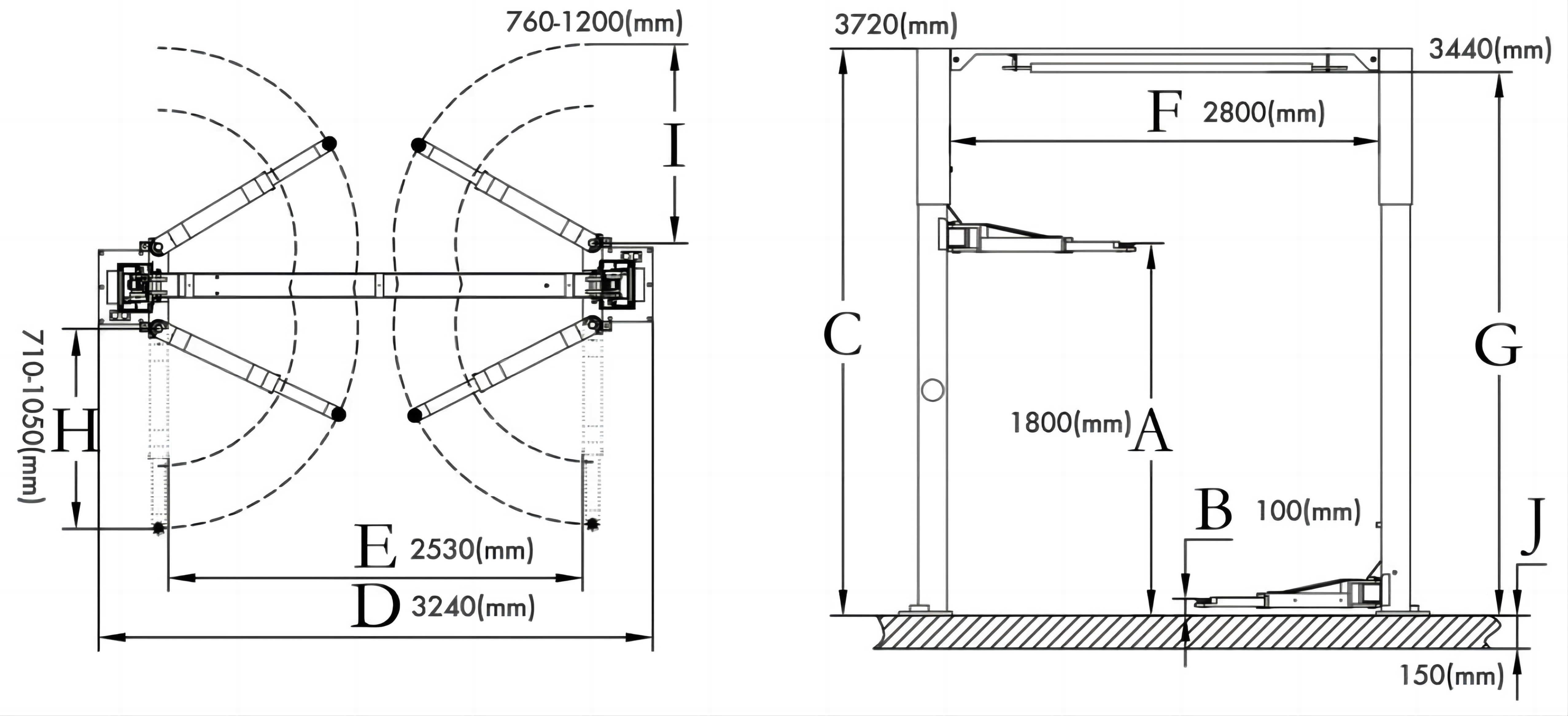 Two post car lift Overall Dimension