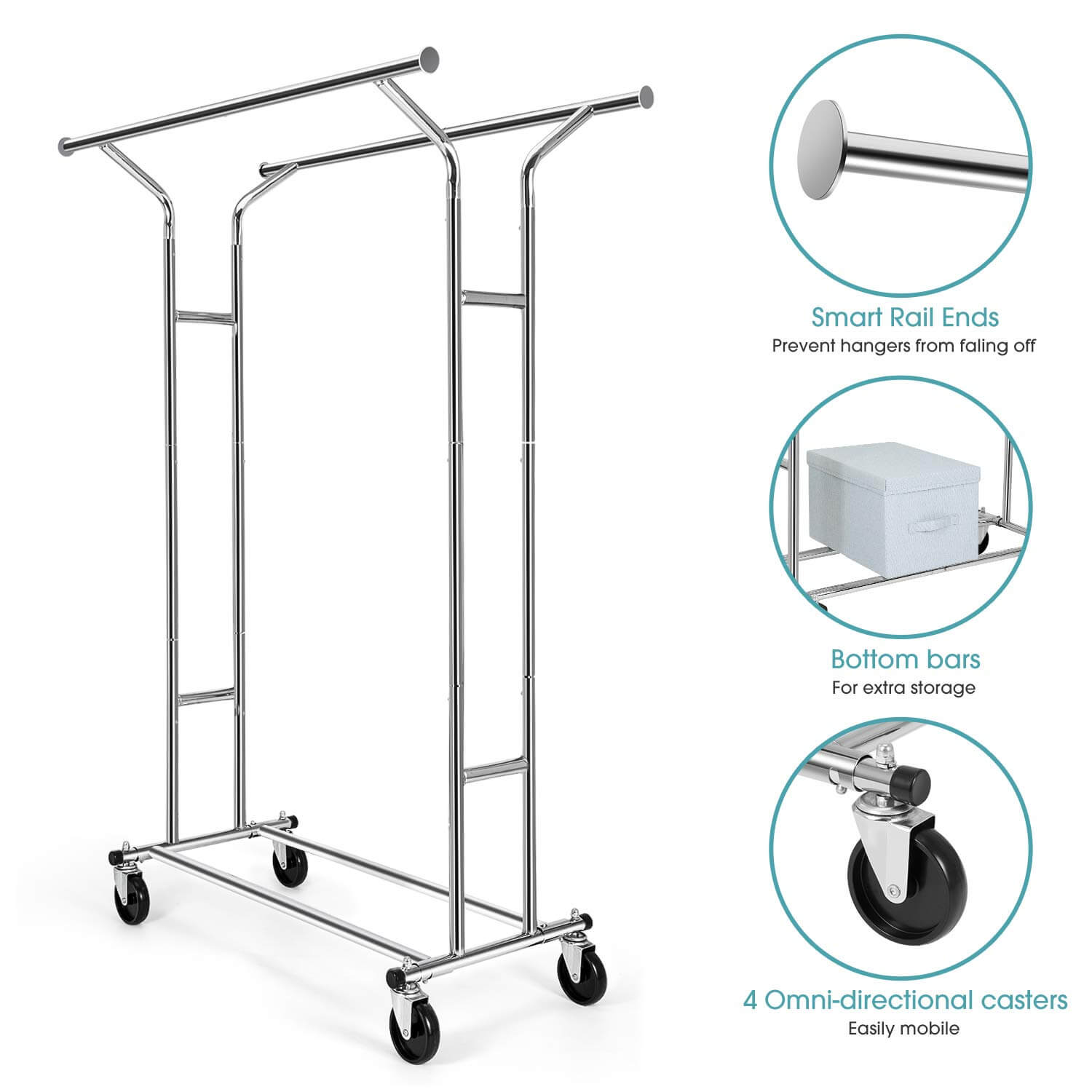 Heavy Duty Double Rails Adjustable Collapsible Rolling Standard Clothing Garment Rackon Wheels