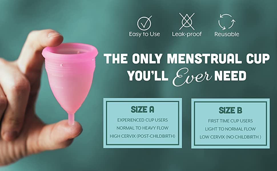 White hand holding a light pink period cup next to checkmark, water drop, and reusable icons