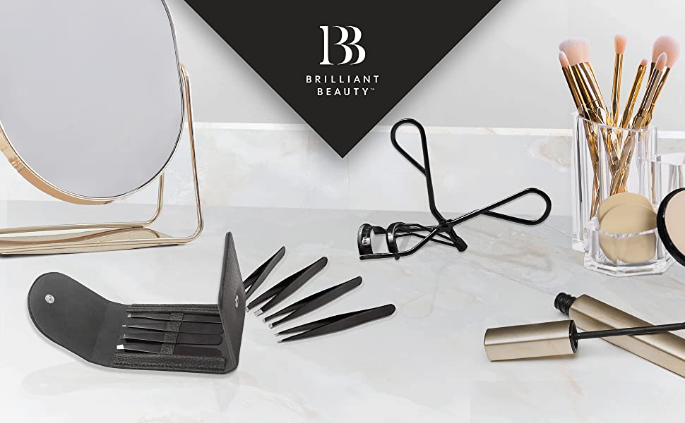 Brilliant Beauty Products including eyelash curler, tweezer set, and hair straightener.