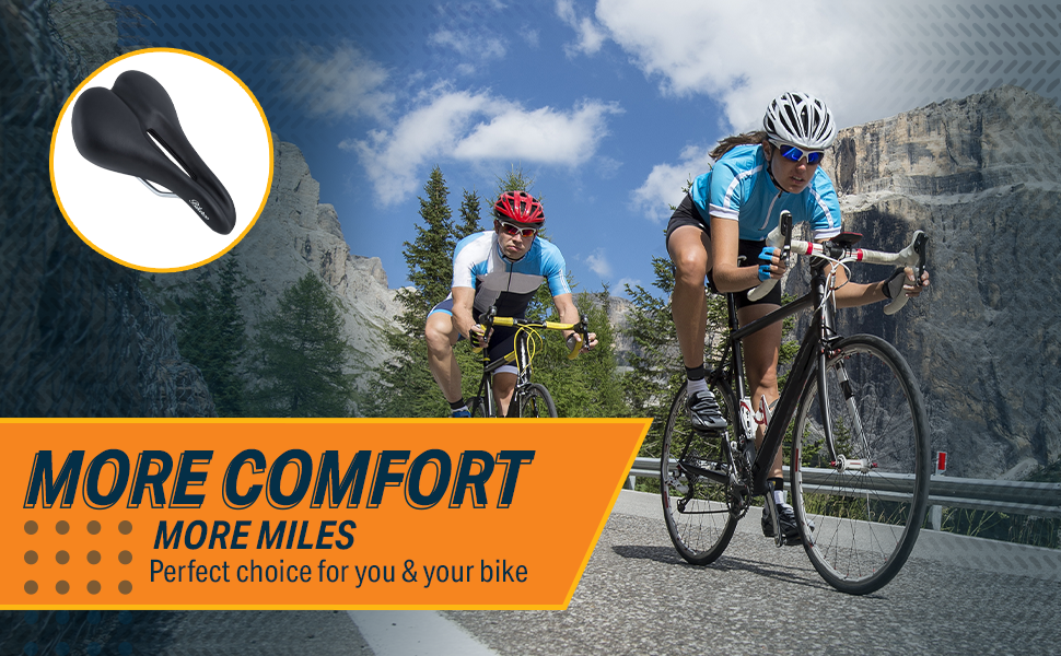 Man and woman riding road bikes. More comfort, more miles. Perfect choice for you & your bike
