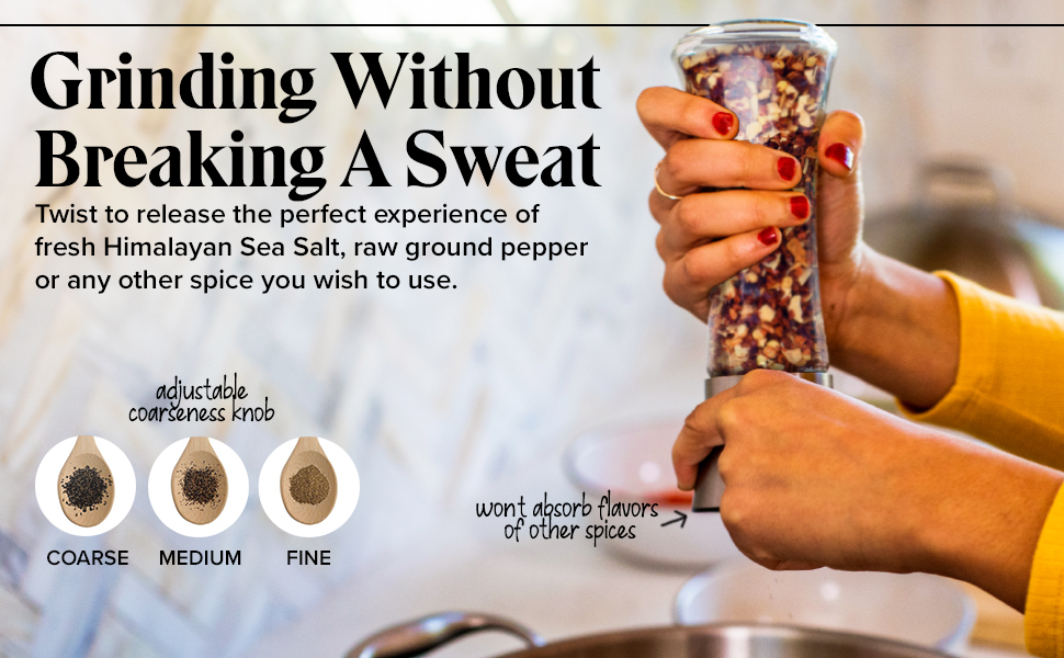Grind without Breaking A Sweat; adjustable coarseness knob (coarse, medium, fine)