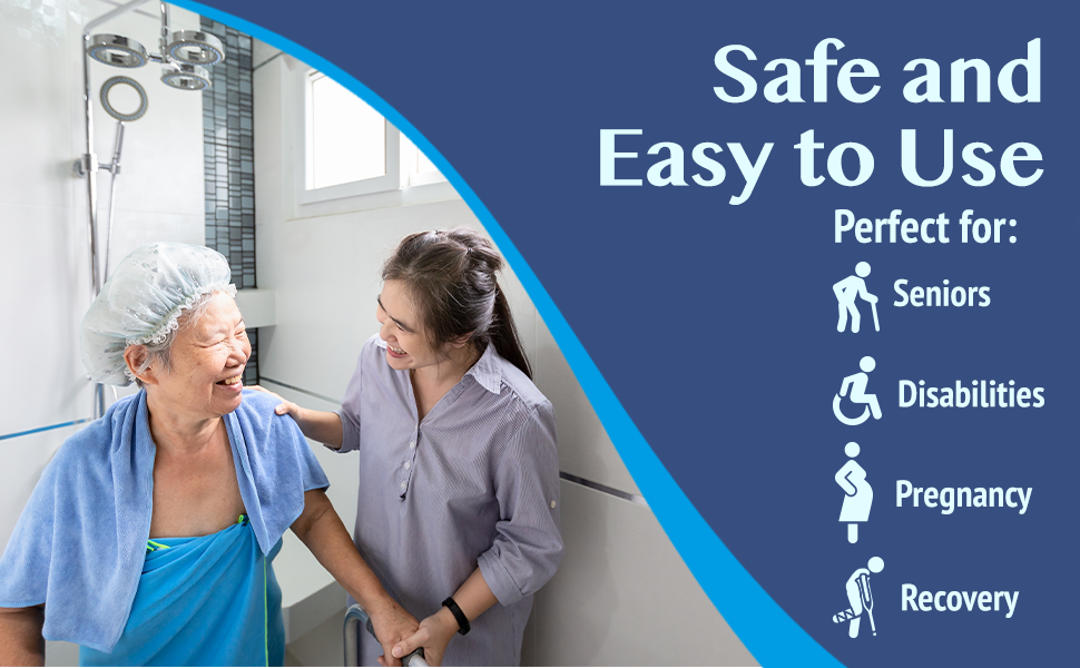 Older woman and her caretaker helping her out of the shower