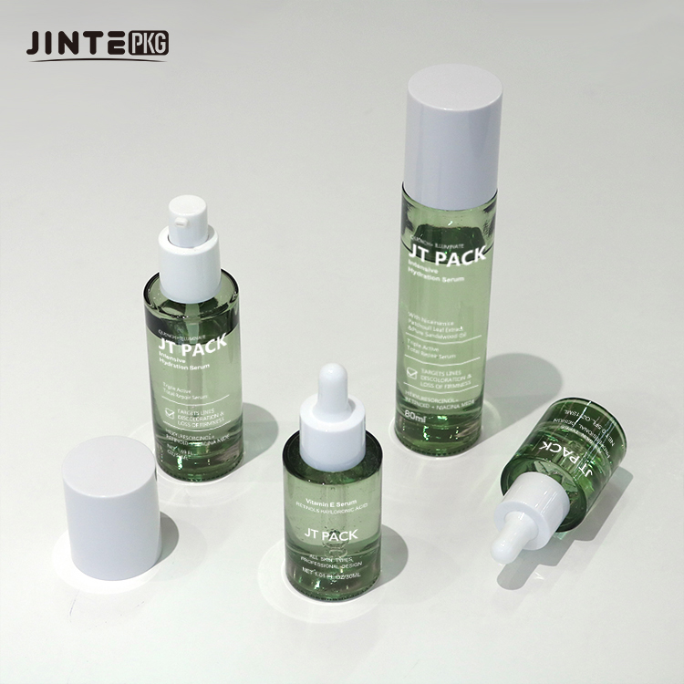 Clear Green Glass Thick Wall Cosmetic Packaging Dropper Bottle Pump Bottle For Skincare Set