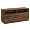 Light wood-colored wooden TV stand fits fresh home decor. With open shelves + closed cabinets for storage, its legs ease cleaning, keeping the living room warm and tidy.