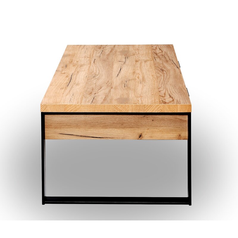 Solid oak side table with burl wood top and metal legs