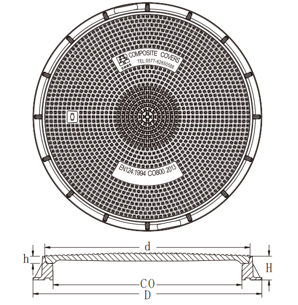 Manufactured to BS: EN124 Composite Round Cover 800mm (32″) Clear Opening Skid resistance.Unlockable,Sealed.