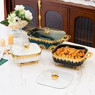 commercial catering equipment used luxury rectangle shape marble buffet ceramic food warmer set with with glass lid