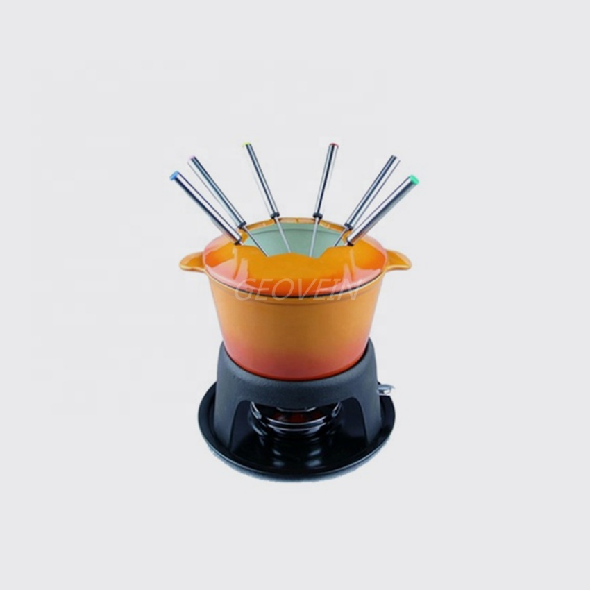 Color Enamel Cast Iron Fondue Pot Set for Chocolate Cheese with 6 Fondue Forks