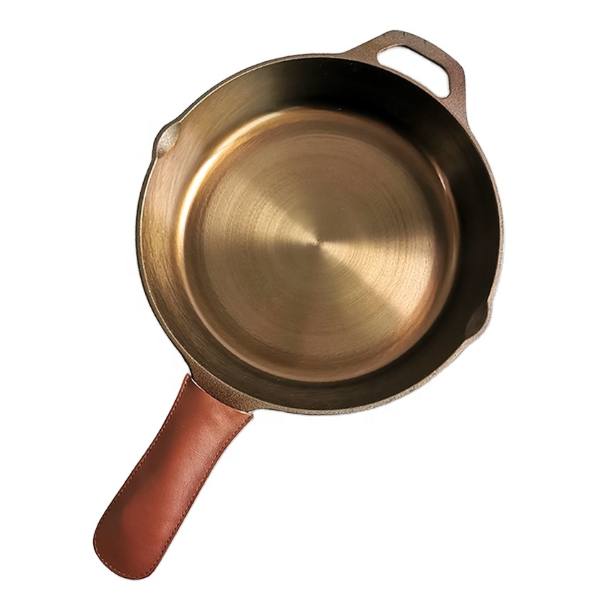 Wholesale Leather Handle 10 Inch Round Cast Iron Skillet Fry Pan Polished Smooth