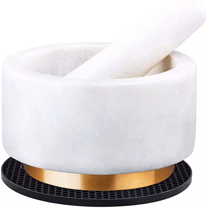 5.5inch Natural White Marble Mortar and Pestle Set with Copper Base