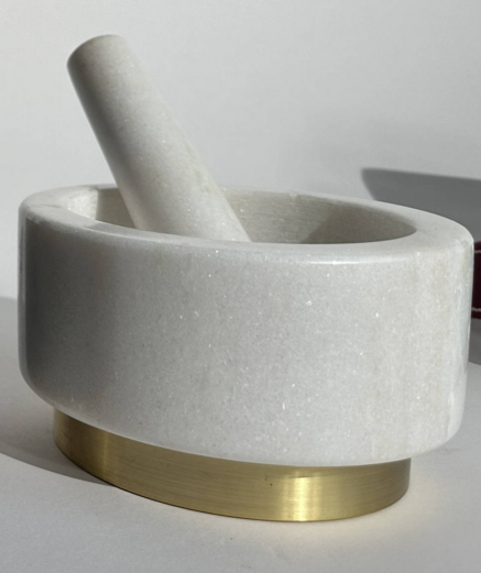 White Color Natural Stone marble mortar and pestle set black stone with gold base