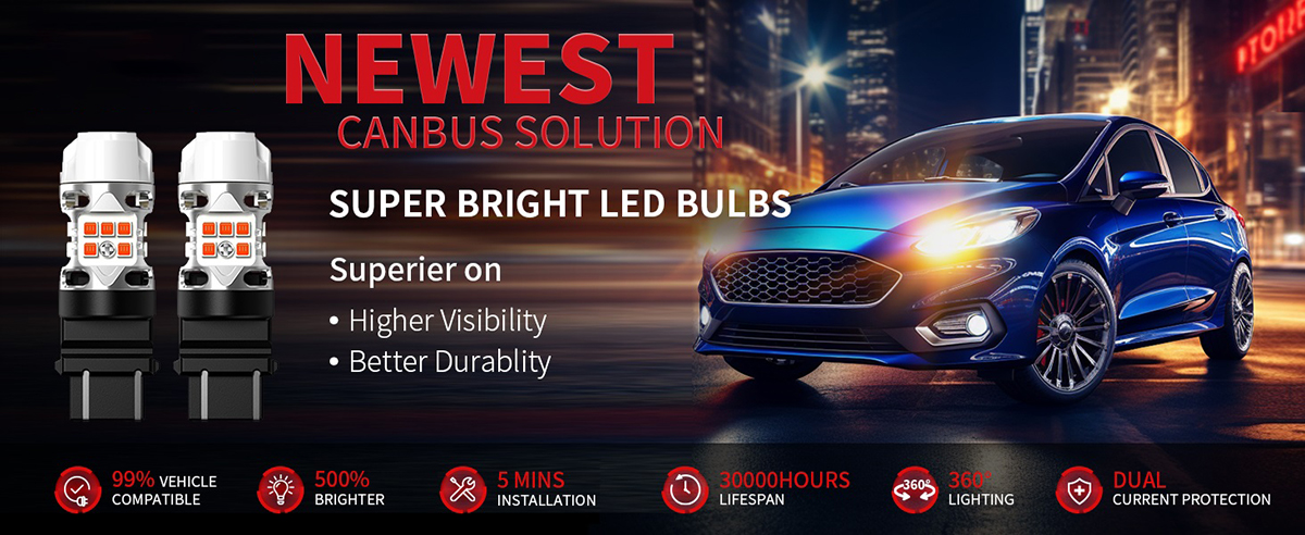 A car fitted with T3 LED bulbs parked on a busy street