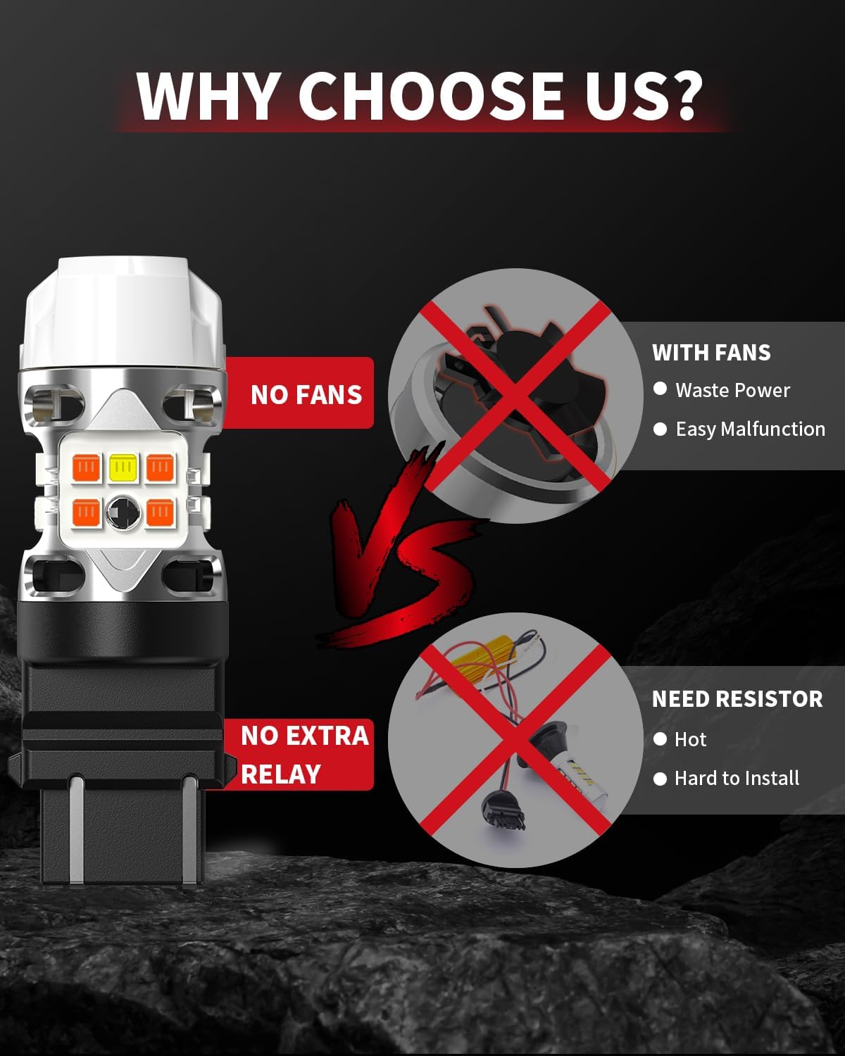 T3 3157 led bulb has no fan for lower failure rate