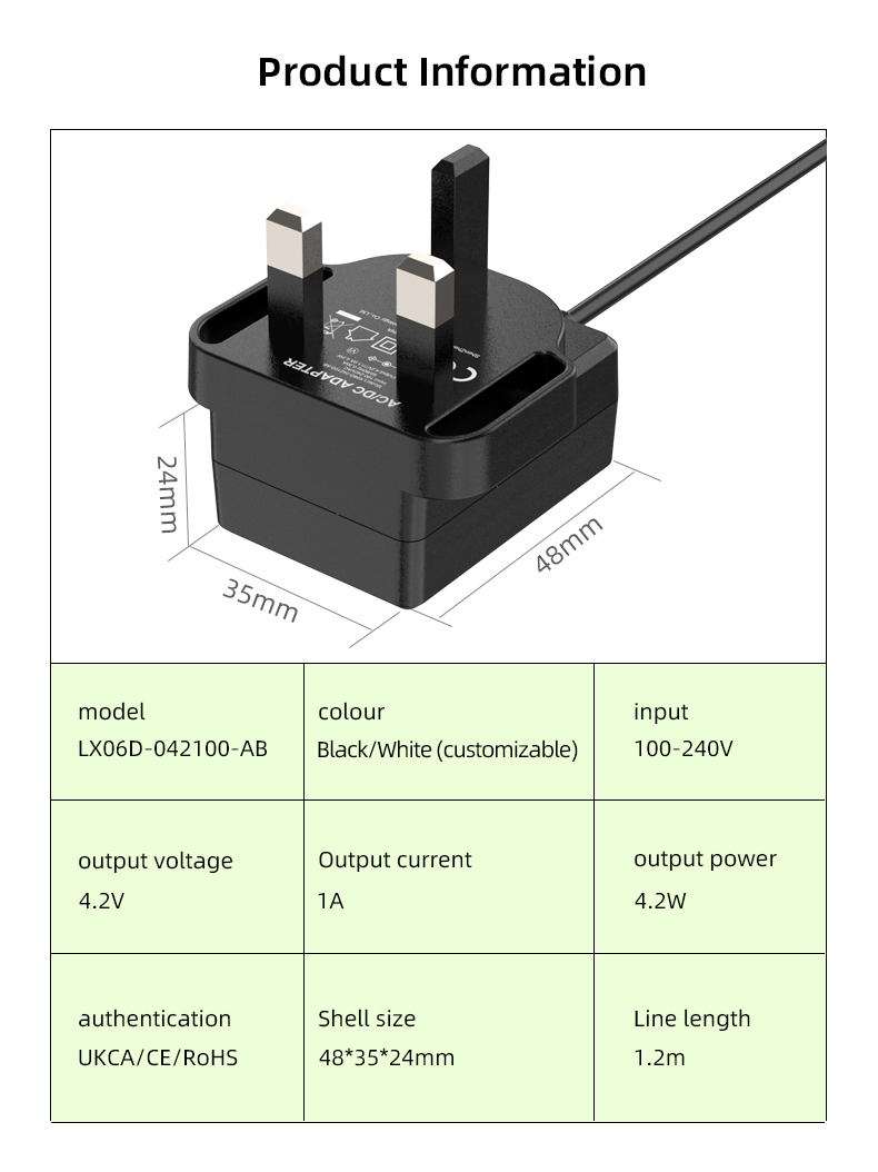 This is a 4.2V 1A charger for Li-Ion batteries, also known as Li-Ion Battery Charger 4.2V 1A. 4.2 V charger provides a fast and safe charge, making it an ideal choice for any 4.2V battery.