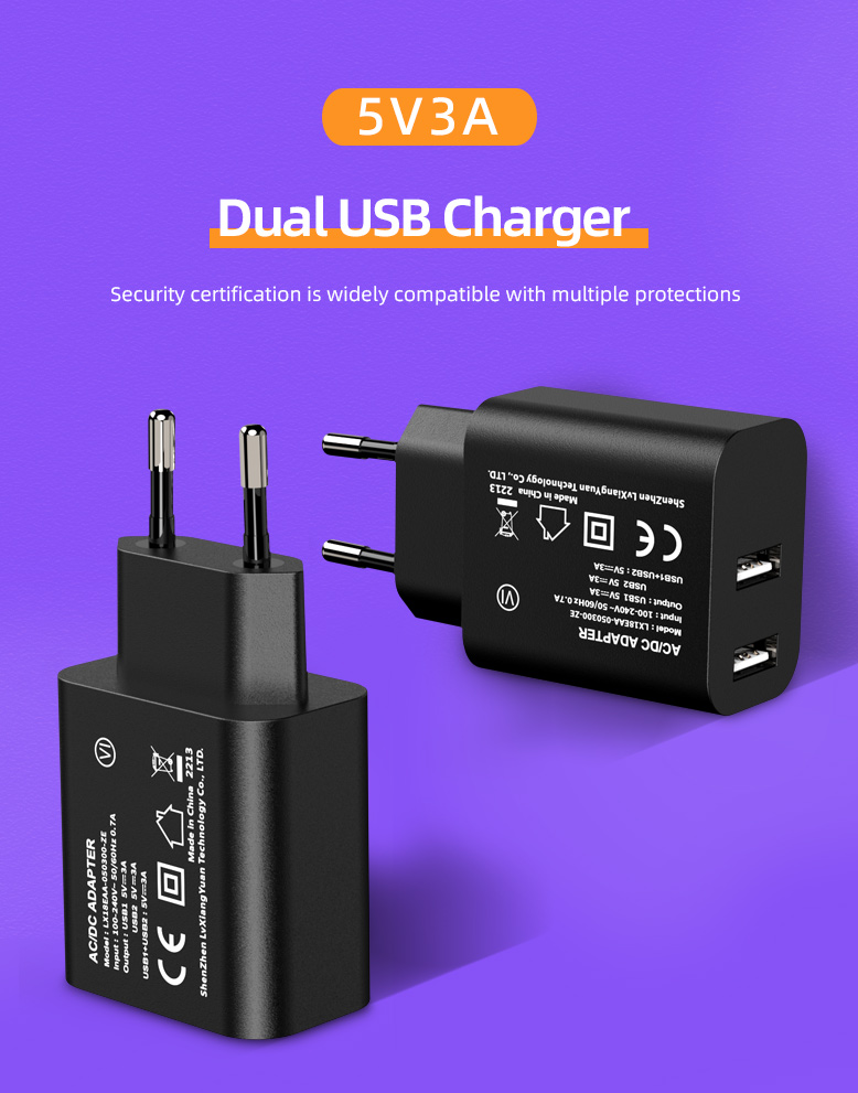 An adapter that features two ports for simultaneous charging of multiple devices, providing added convenience and efficiency.