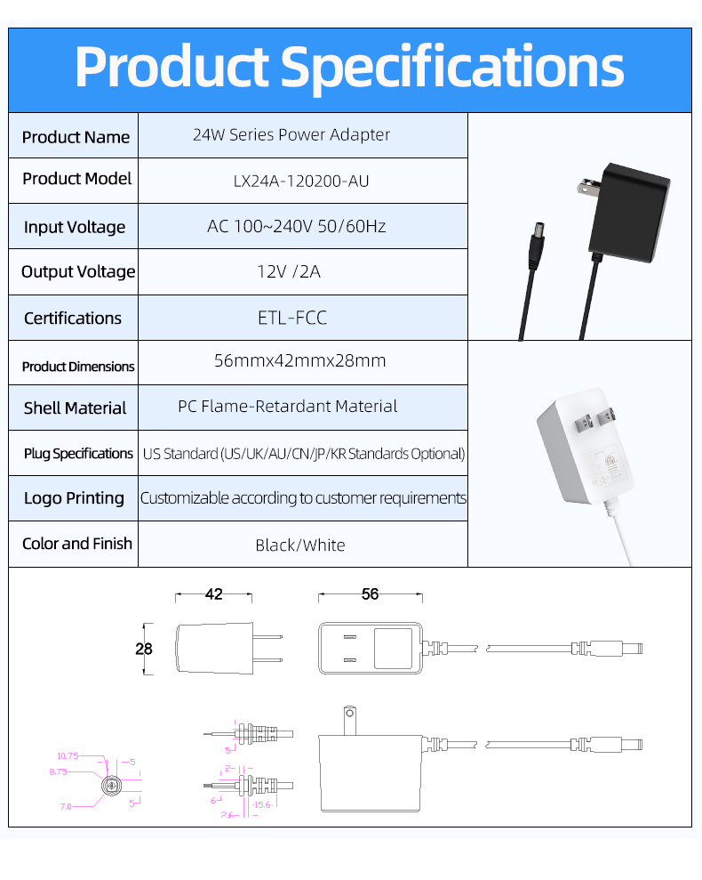 A 12 volt 2 amp adapter, also known as a 12v 2 amp AC adapter, is an AC adapter 12v 2a 24w delivering 24W of power at 12V and 2A.