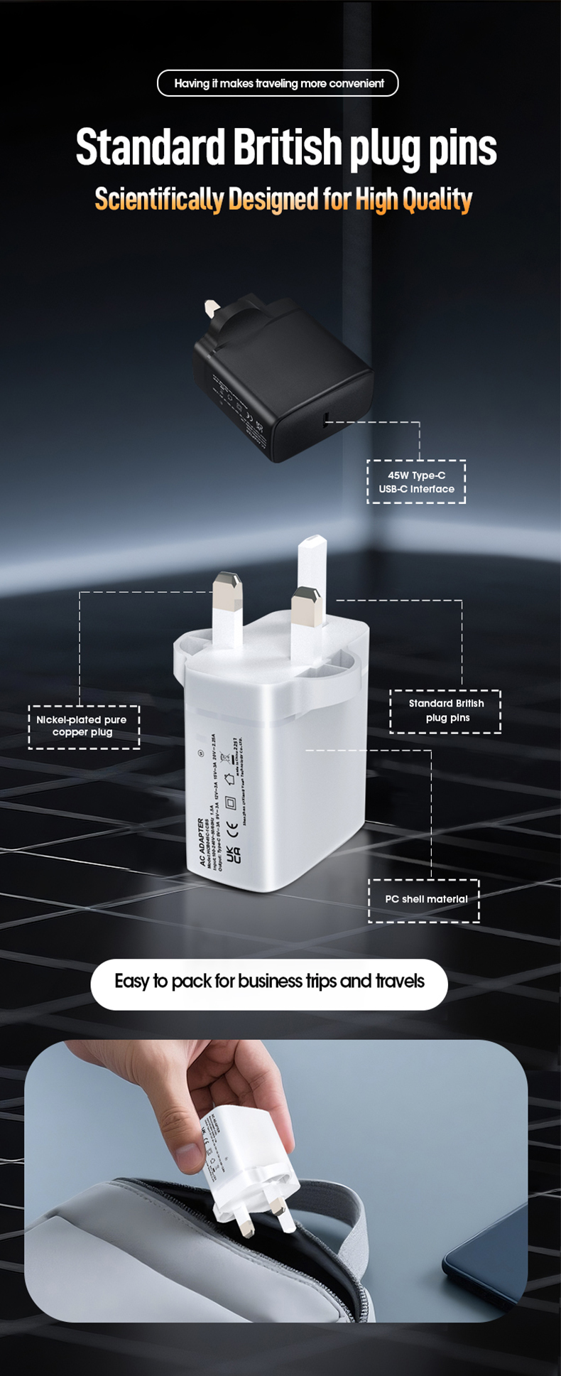 The 45W GaN USB-C Charger revolutionizes fast charging with Gallium Nitride technology. Delivering powerful PD 45W output, it fuels laptops, tablets, and phones 50% faster while running cooler and using 30% less space than traditional chargers. Ultra-portable and universally compatible—perfect for travel, work, or eco-conscious efficiency.