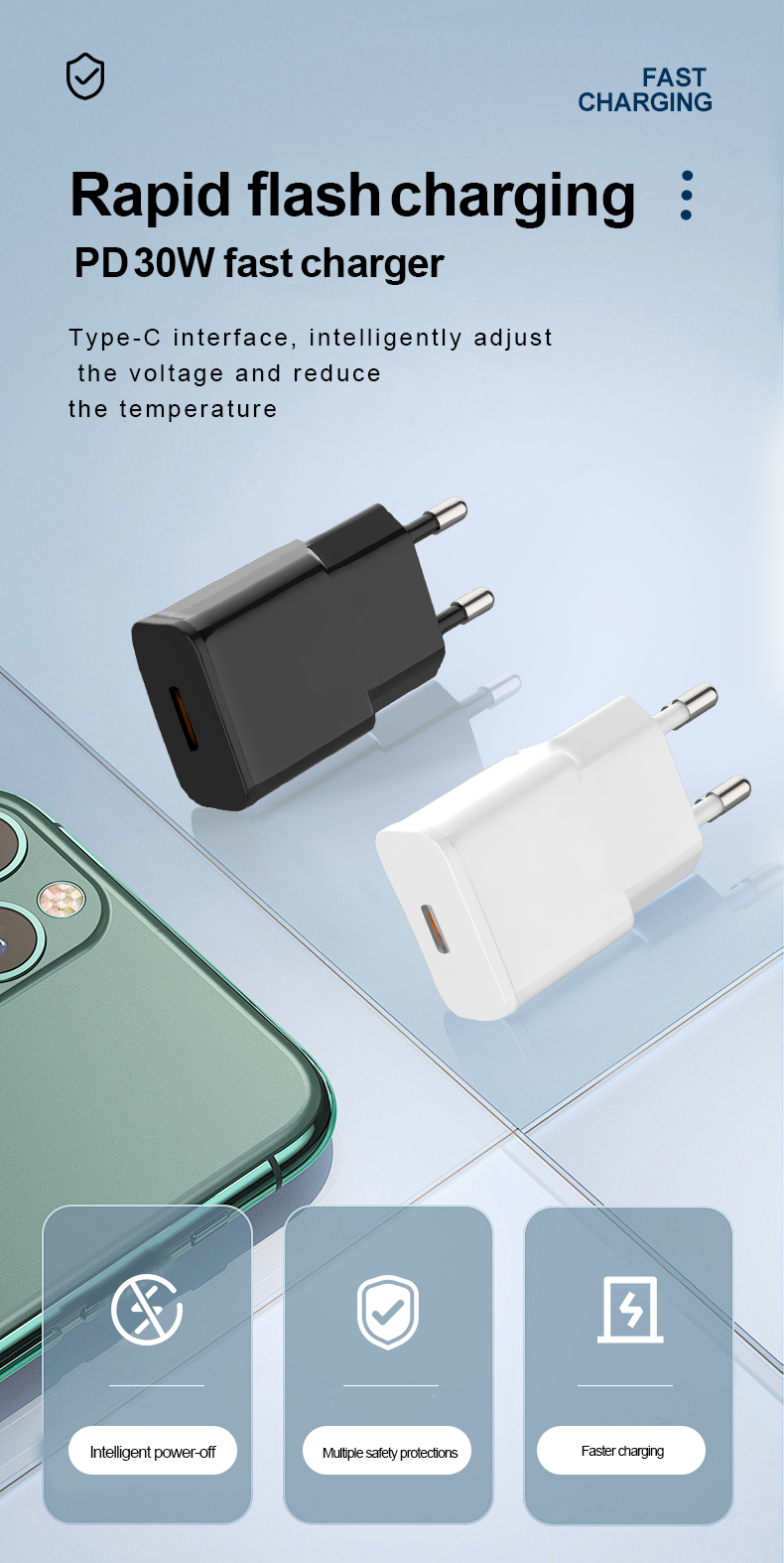 30W Adapter: Compact USB-C charger with Power Delivery for rapid smartphone, tablet, and laptop charging. Safety-certified, energy-efficient design ensures fast, reliable power replenishment. Ideal for travel or daily use.