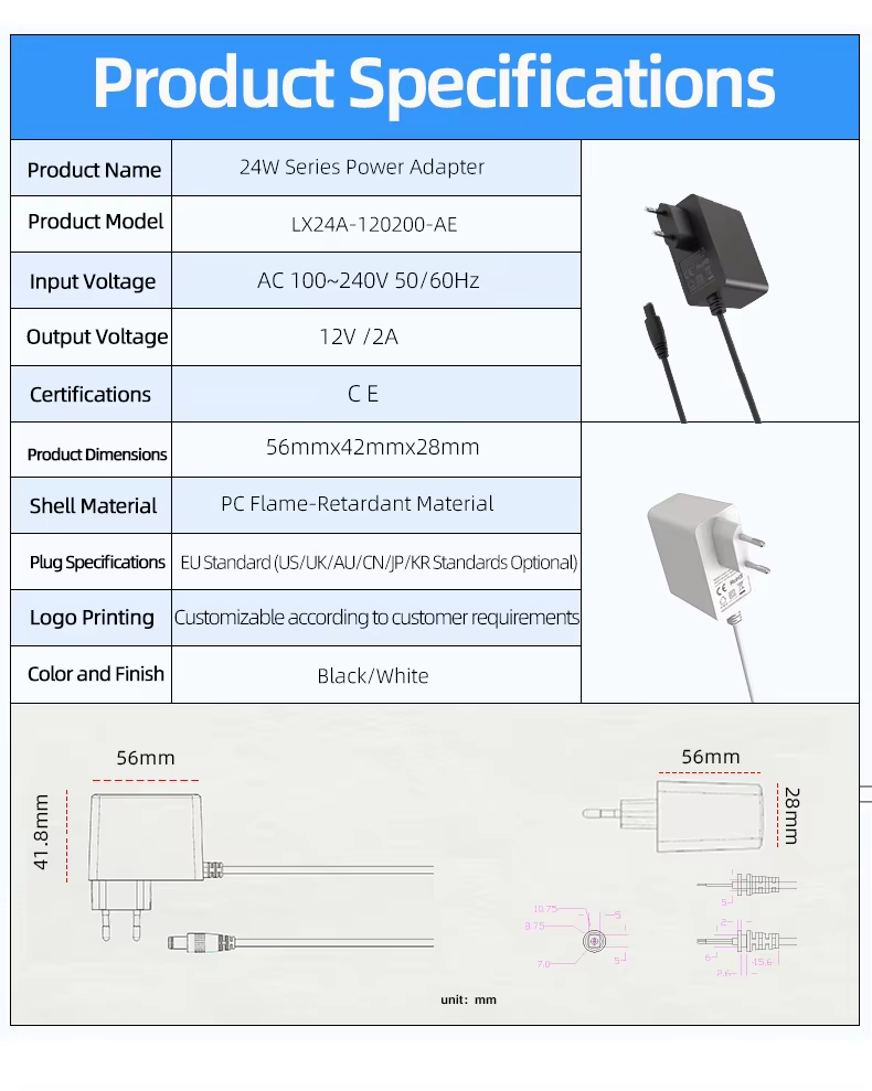 The 12volt 2amp power supply delivers a stable current for devices requiring up to 24 watts.