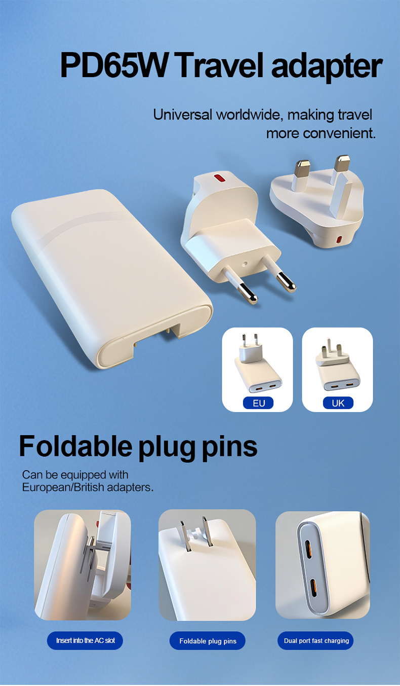 65W USB C charger or PD Fast Charger: Compact, universal laptop charger with Power Delivery for rapid, efficient device charging on-the-go.