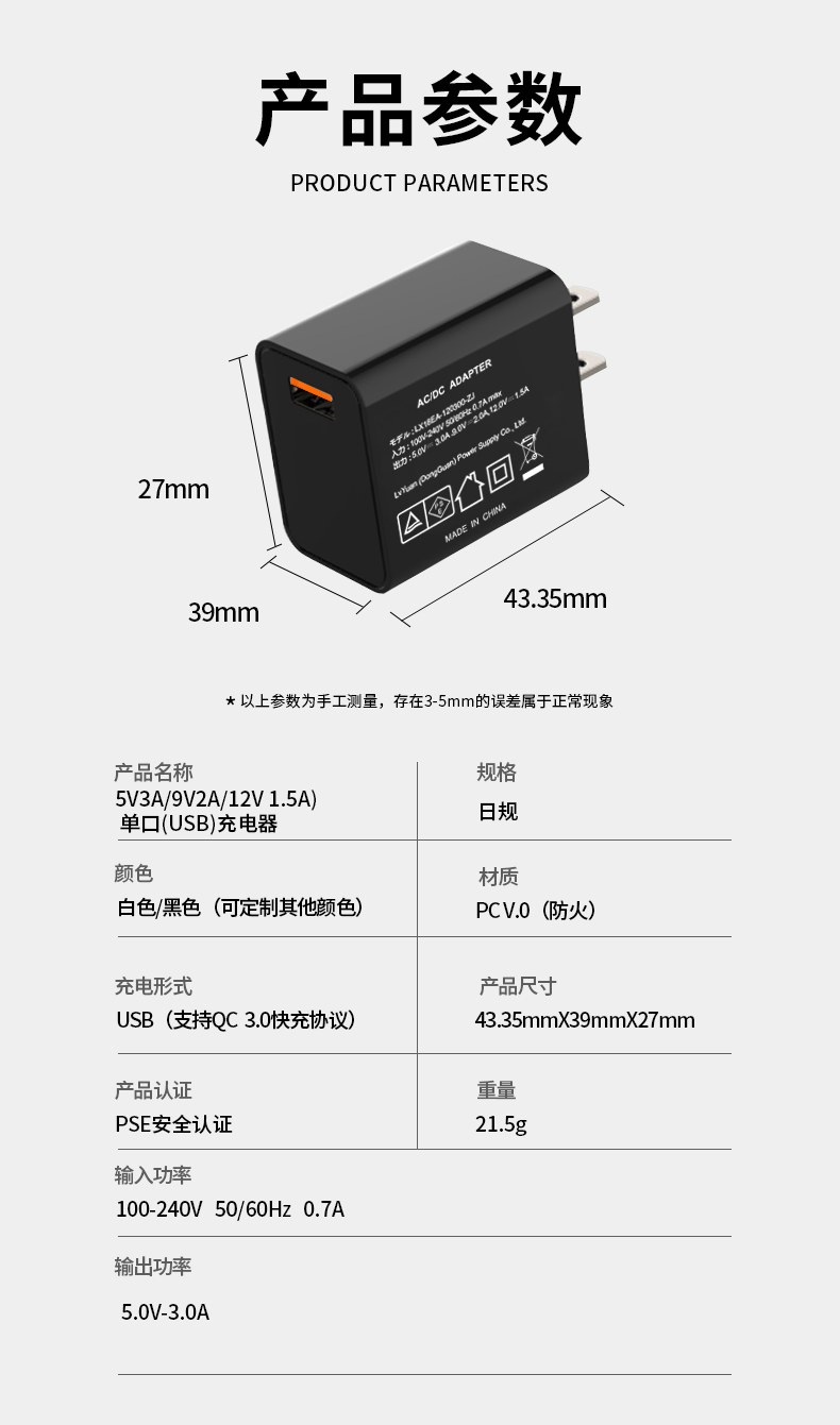 18W USB充电器、QC3.0快速充电适配器或18W QC3.0快速充电器,支持智能手机/平板电脑快速充电。具备智能设备检测功能,搭载过热/过载保护机制,并通过PSE安全认证。