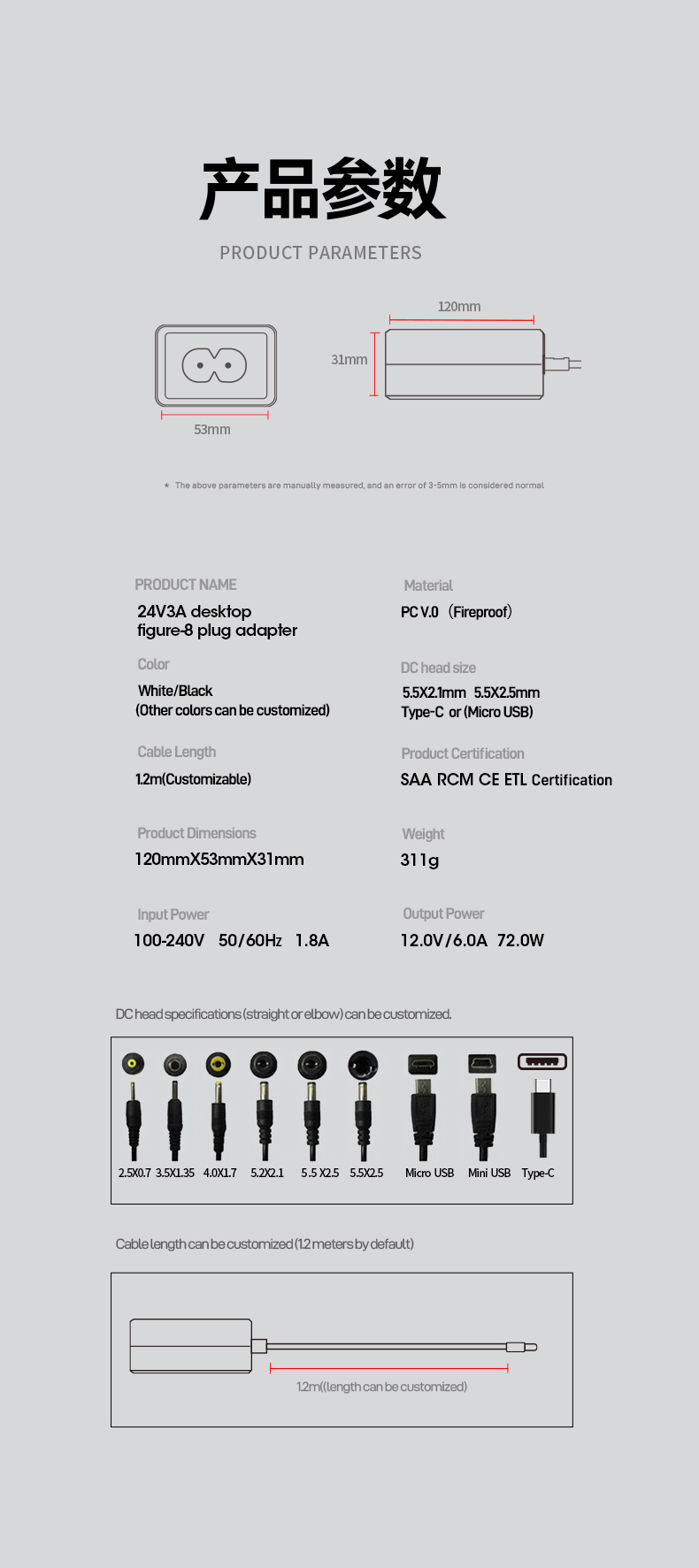 The AC DC Adapter 24V 3A converts AC power to stable 72W DC (24V×3A) for industrial equipment like CCTV systems, routers, and automation controllers. Featuring universal 100-240V input, overload/short-circuit protection, and CE/FCC certification. Includes a 2.1mm DC plug for reliable connectivity in commercial/industrial environments.