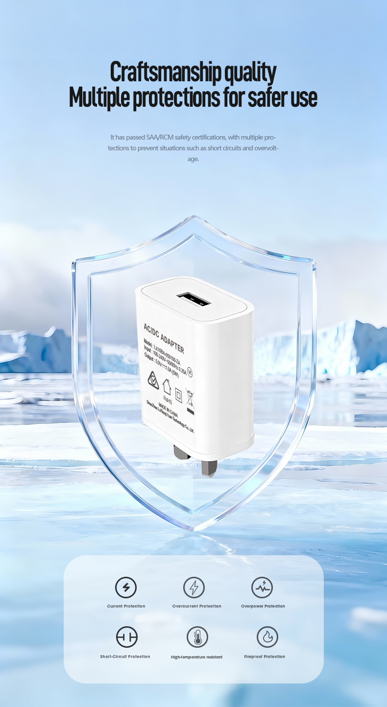 The usb 5 volt 1a charging adapter delivers stable 5W power with universal 100-240V input. Features over-current/short-circuit protection, compact design (1.8×1.8×1 in), and CE/FCC certification. Ideal for smartphones, IoT devices, and Bluetooth accessories requiring reliable USB-A charging.