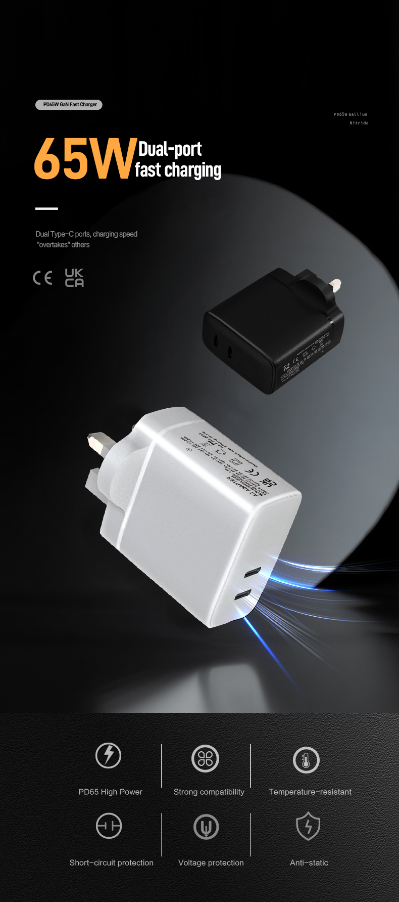 The Usb C Laptop Charger 65w delivers full-speed power to laptops like MacBook Air and Dell XPS via USB-C Power Delivery (PD). Featuring dual USB-C ports, GaN technology, and foldable design, it charges laptops + devices simultaneously with universal 100-240V input and certified safety.