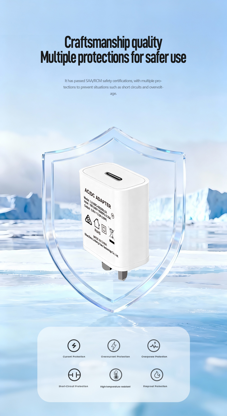 The 5V 2A Charger USB-C 10W delivers fast charging with universal 100-240V input. Features USB-PD compliance, over-current/short-circuit protection, and compact design. CE/FCC certified for smartphones, tablets, and accessories needing reliable 10W USB-C power.