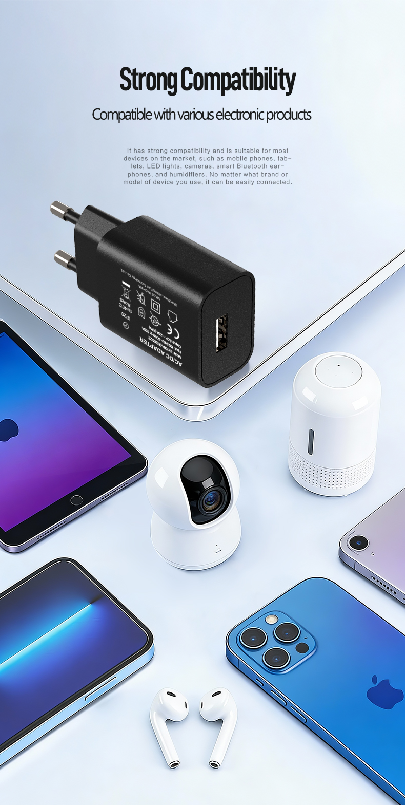 The 5V 2A USB-C Adapter delivers 10W fast charging as a compact 5v 2a Charger Type C. This 5V USB-C Adapter features universal 100-240V input, USB-PD compliance, and dual-protection safety.