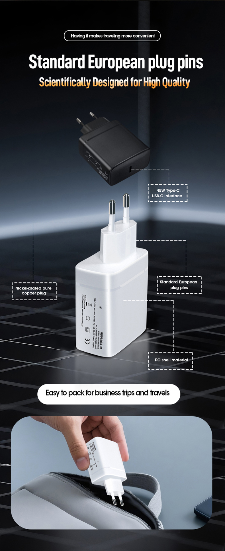 The 45W USB-C PD Charger powers laptops, tablets, and phones at blazing speeds. Using advanced Power Delivery technology, it charges devices 50% faster while staying energy-efficient. Its compact GaN design reduces heat and bulk, making it perfect for travel, work, or home. Simplify your charging with future-ready reliability. (Word count: 48) Key elements:
