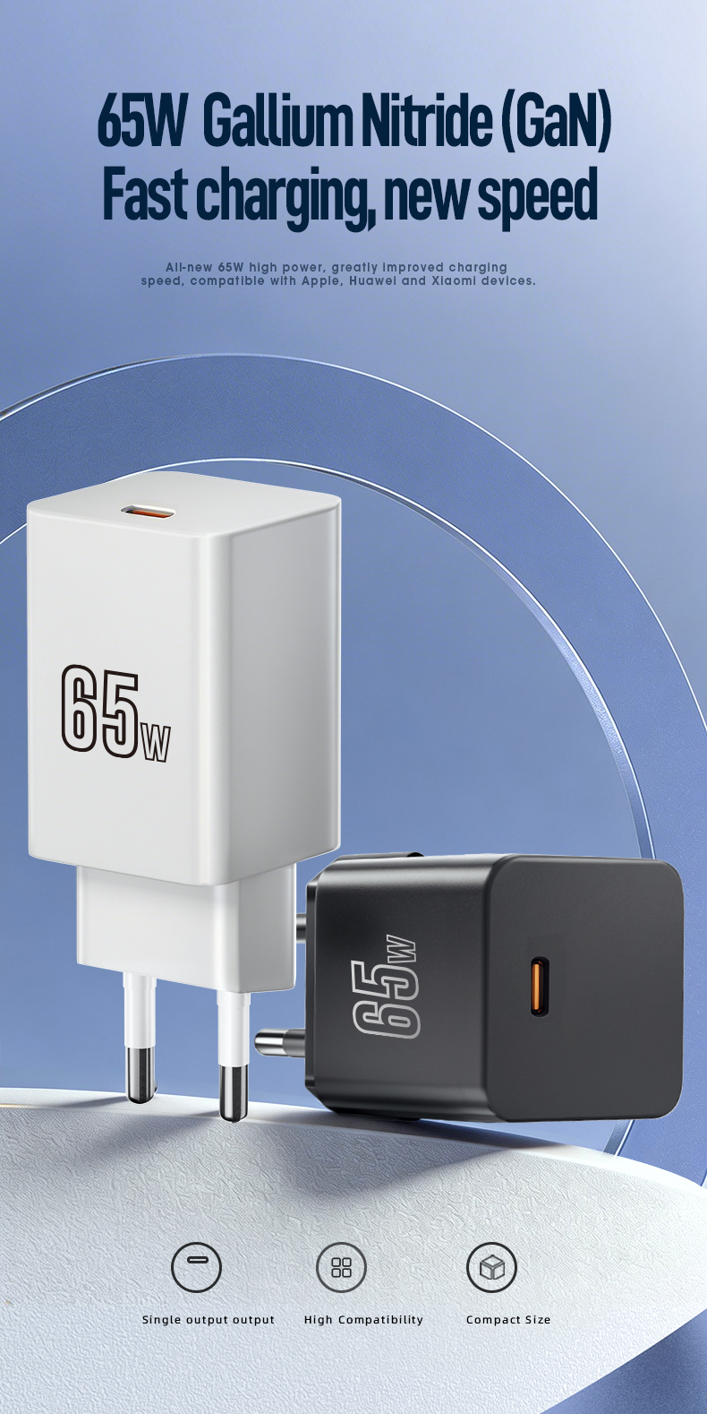 The 65W GaN Wall Charger delivers ultra-fast USB-C PD 3.0 charging. Leveraging Gallium Nitride tech, it’s 45% smaller than standard adapters yet powers MacBook Pro to 50% in 28 minutes. Features foldable global plugs, universal 100-240V input, and OVP/OCP/SCP triple protection.