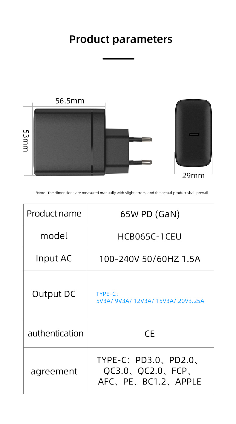 The 65-watt USB-C charger is ideal for fast charging compatible devices with USB-C ports, providing high-speed charging while being energy efficient.